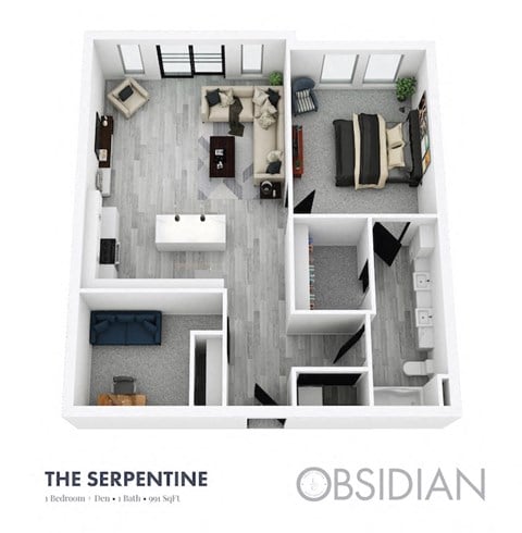 Floor plan for 1 bed, 1 bath, 979 sqft